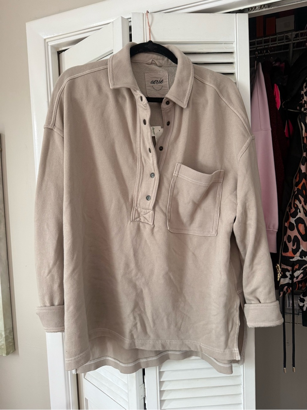 Aerie Long-Sleeve Beige Polo Pullover